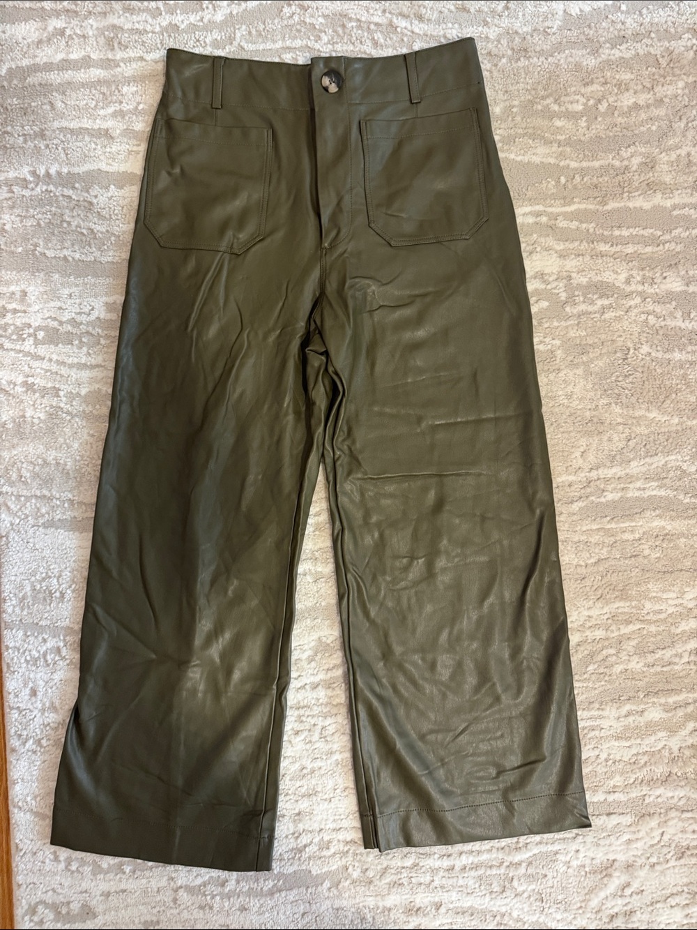 Maeve Olive Green Wide-Leg Faux Leather Pants